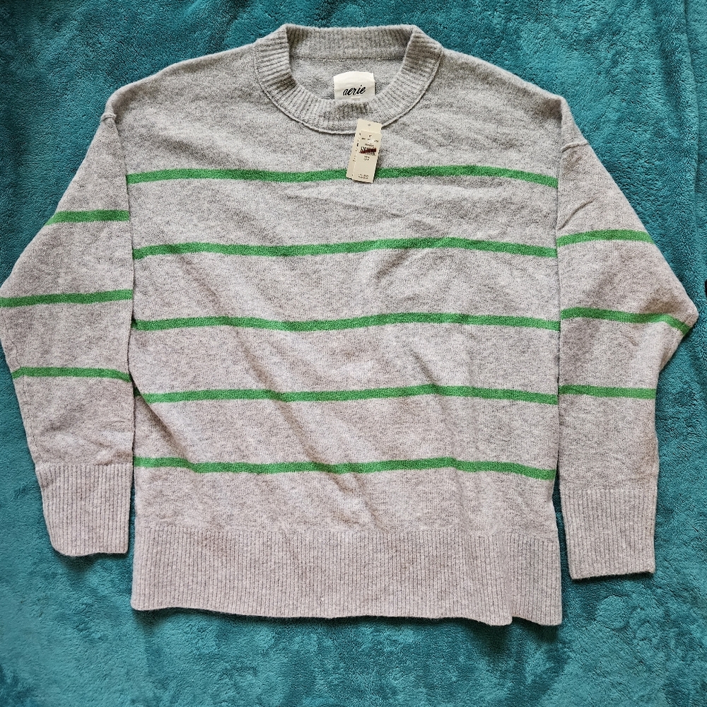 Aerie Gray and Green Crewneck Sweater with Sporty Stripes